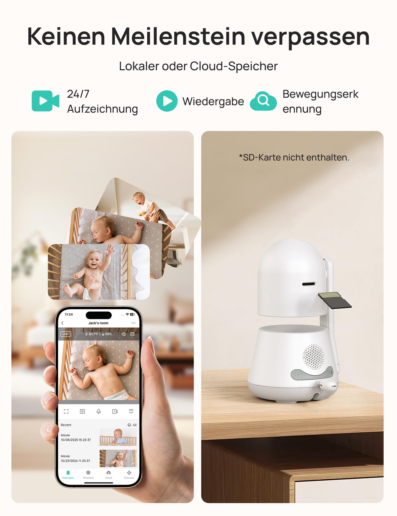 Dr.Care LumiView Babyphone Kamera mit Clip – WiFi Display 5 Zoll 2K FHD, App-Steuerung, Datenschutzmodus, 5000 mAh Akku, Geräusch-/Bewegungsmeldung, HD-Nachtsicht, RGB-Licht