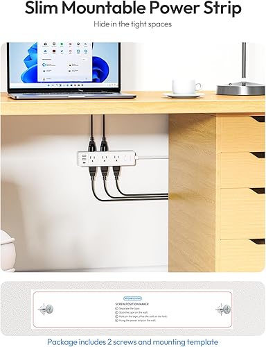 Miniatura 7 de NTONPOWER - Protector de sobretensión, cable de extensión plana de 10 pies, 9 salidas anchas, 3 puertos USB (1 USB C), montaje en pared, cable de