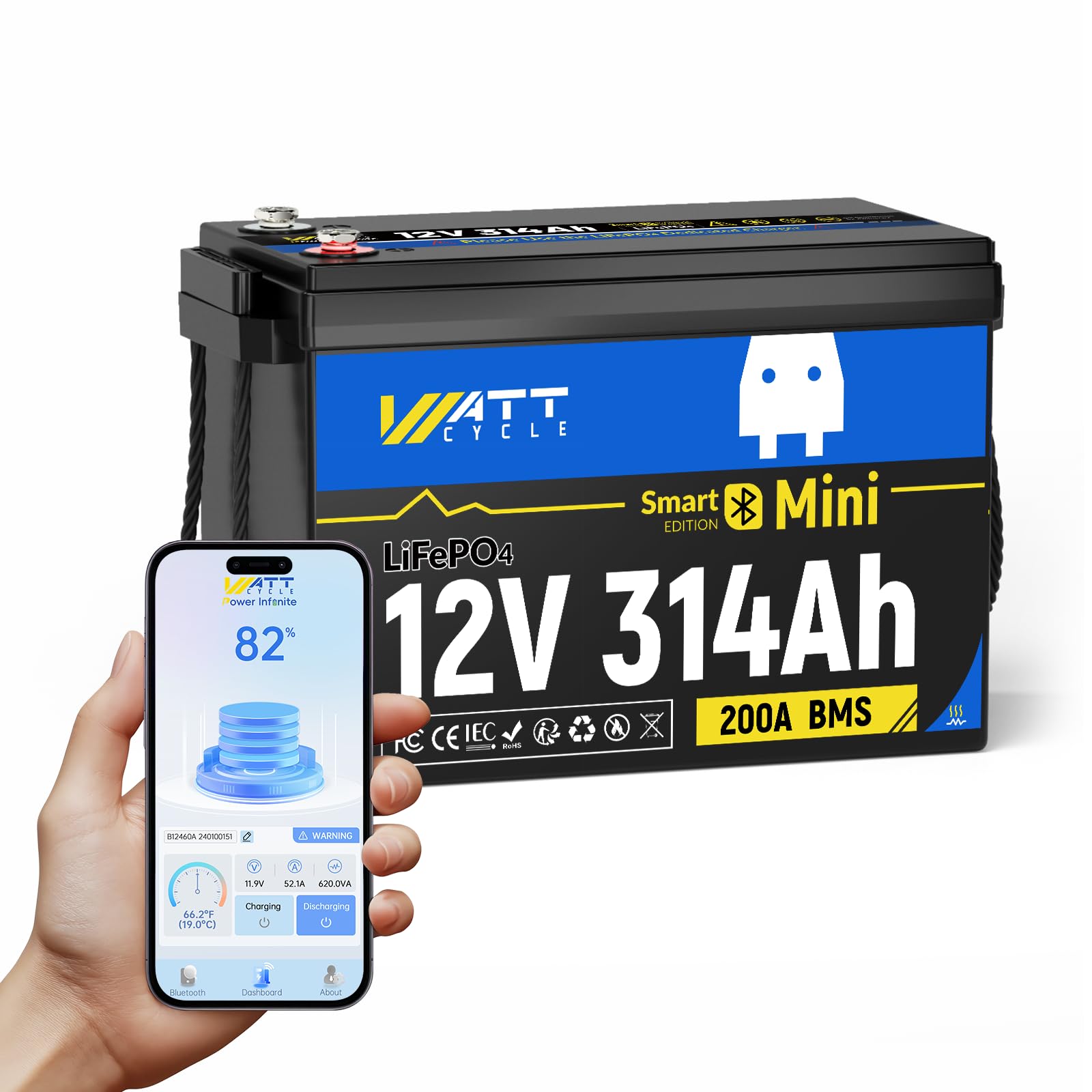 WattCycle 12V 314Ah Mini LiFePO₄ Battery, Self-Heating 12V Lithium Battery with 200A BMS, Bluetooth App Monitoring, Compact Power for RV, Solar, Home Energy Storage, Solar, Off-Grid Use