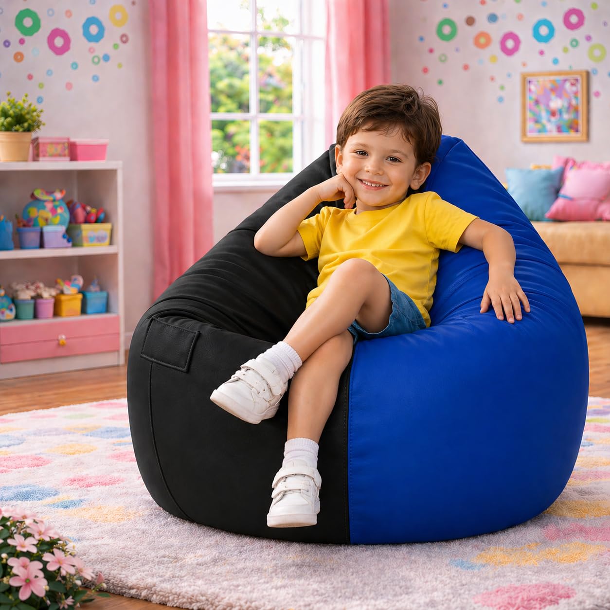 Kids Teardrop Bean Bag Cover Only with Side Pocket | Premium Leatherette Bean Bag Chair Cover for Boys & Girls | Soft, Durable & Lightweight Kids Seating Cover | Upto 100 Kg (Black::R-Blue,XXXL)-picture-20