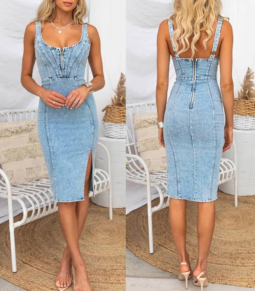 Women's Denim Dress Sexy V Neck Side Slit Bodycon Sleeveless Jeans Short Dresses - Image 6