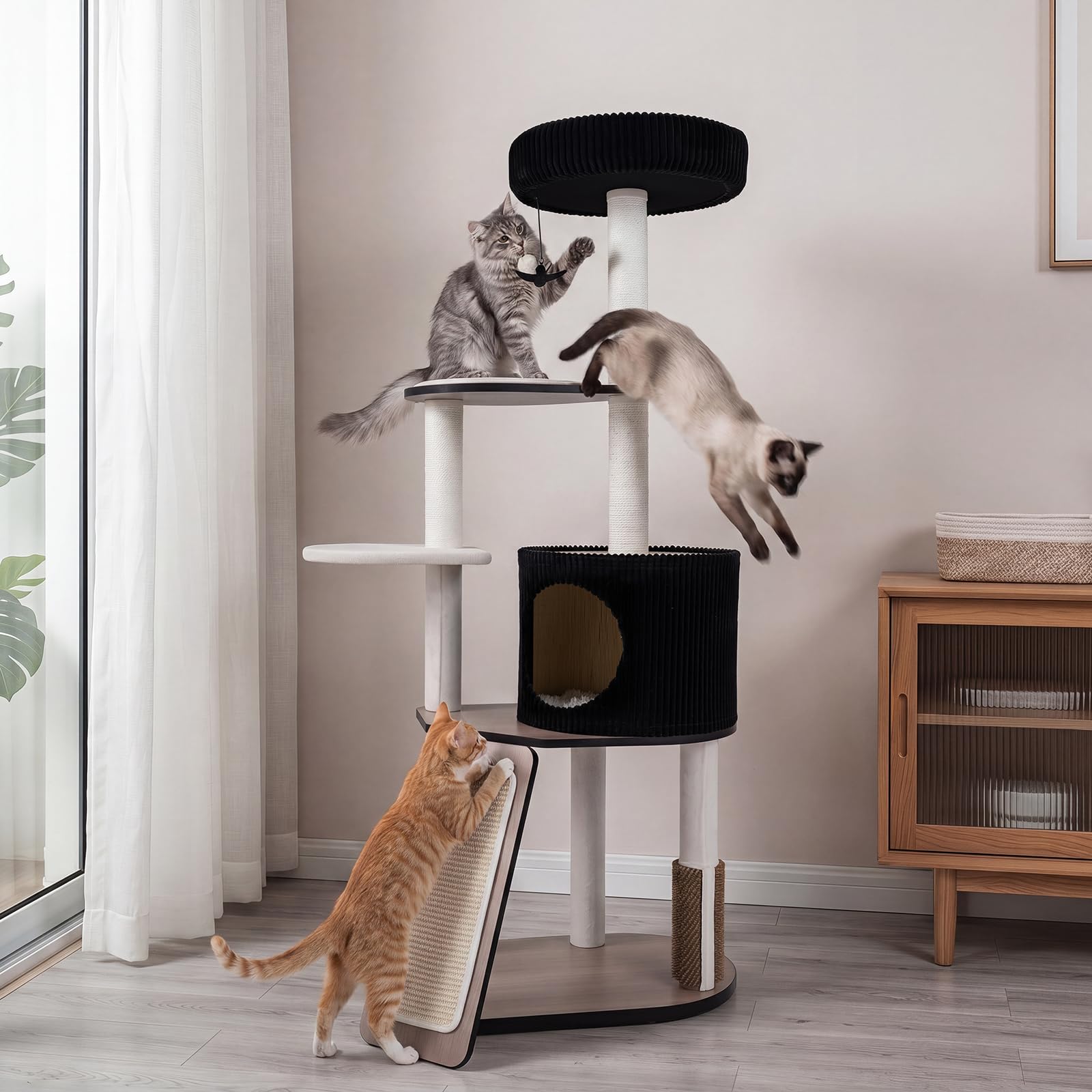 COSTWAY Albero Tiragraffi per Gatti 155 cm, per Gatti Adulti e Piccoli | Tira Graffi in Legno a 5 Livelli con Cuccia, Posatoi, Trespolo, Pali Graffiatoi, Rampa e Spazzola, Fodera Morbida Rimovibile