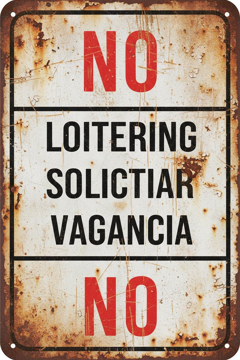 Wall Decor Bilingual No Loitering Soliciting Sign. English & Spanish Security Signs Loiterers Solicitors. 8x12Inch Metal. Vintage Aluminum Plates Printed