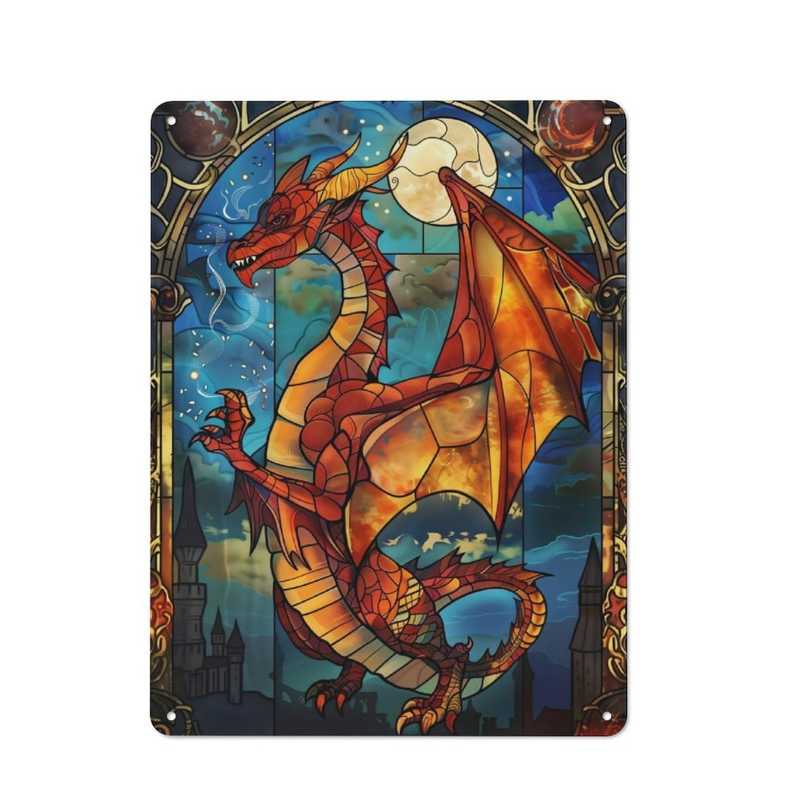 Junmoney Dragon Stained Glass Printed Metal Sign 40X30cm For Living Room Or Hallway, A Decorative Christmas Gift For Living Room Decor Lovers