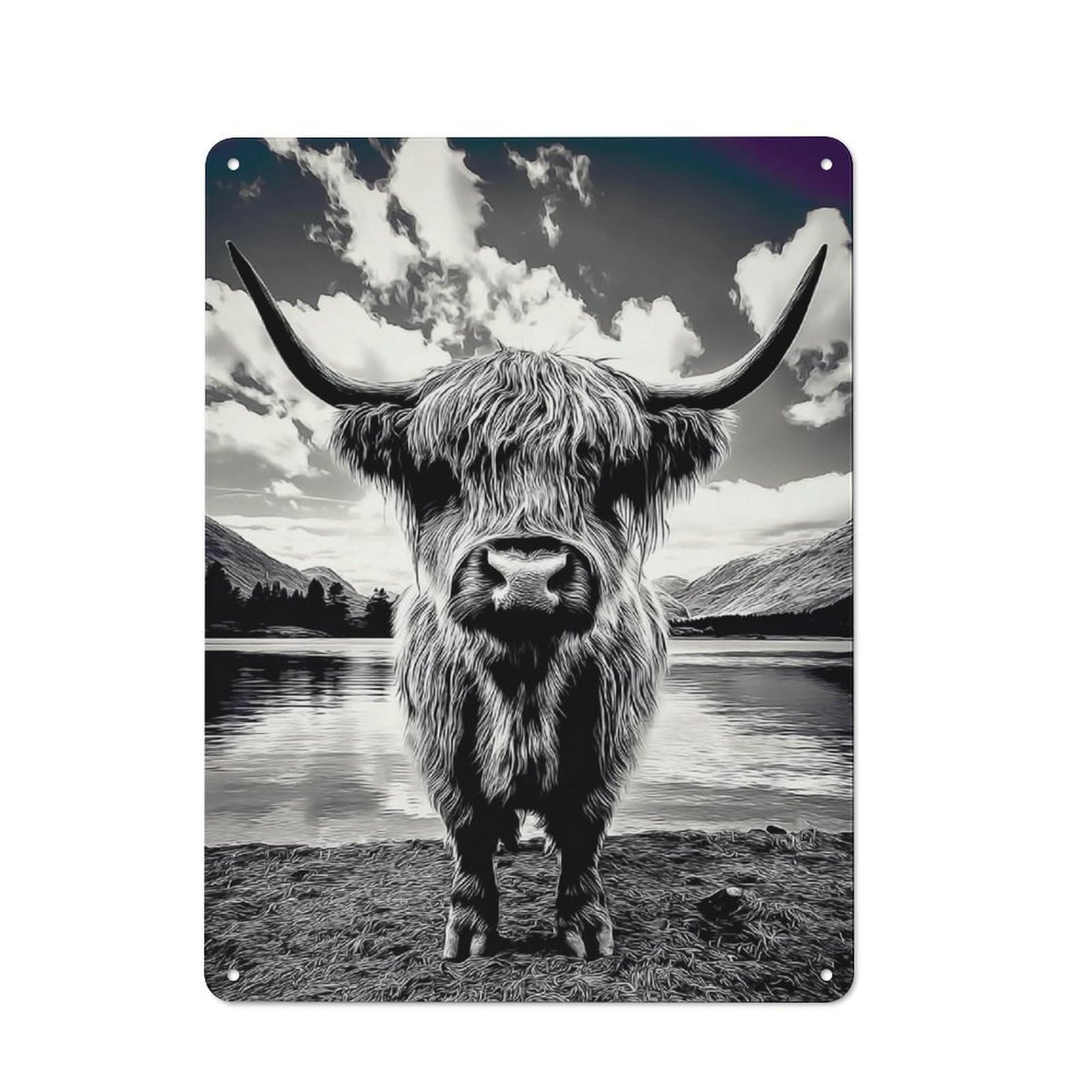 Highland Cow by The Lake Metal Wall Plaque 40x30cm, Everyday Small Space Decor for Flat, Dorm Room, Lounge Or Cafe