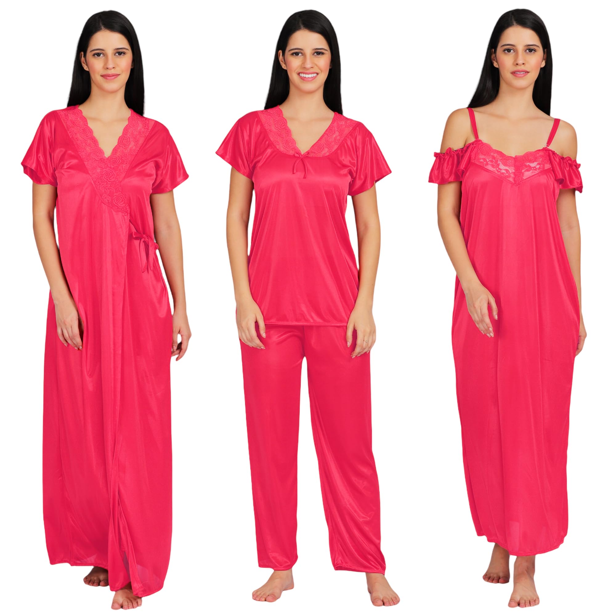 Apparels Solid Satin 4 Piece Nightwear Set (1 Robe, 1 Nighty, 1 Top, 1 Pyjama) for Women | Attractive & Stylish (Free Size, Gajri)-image-35