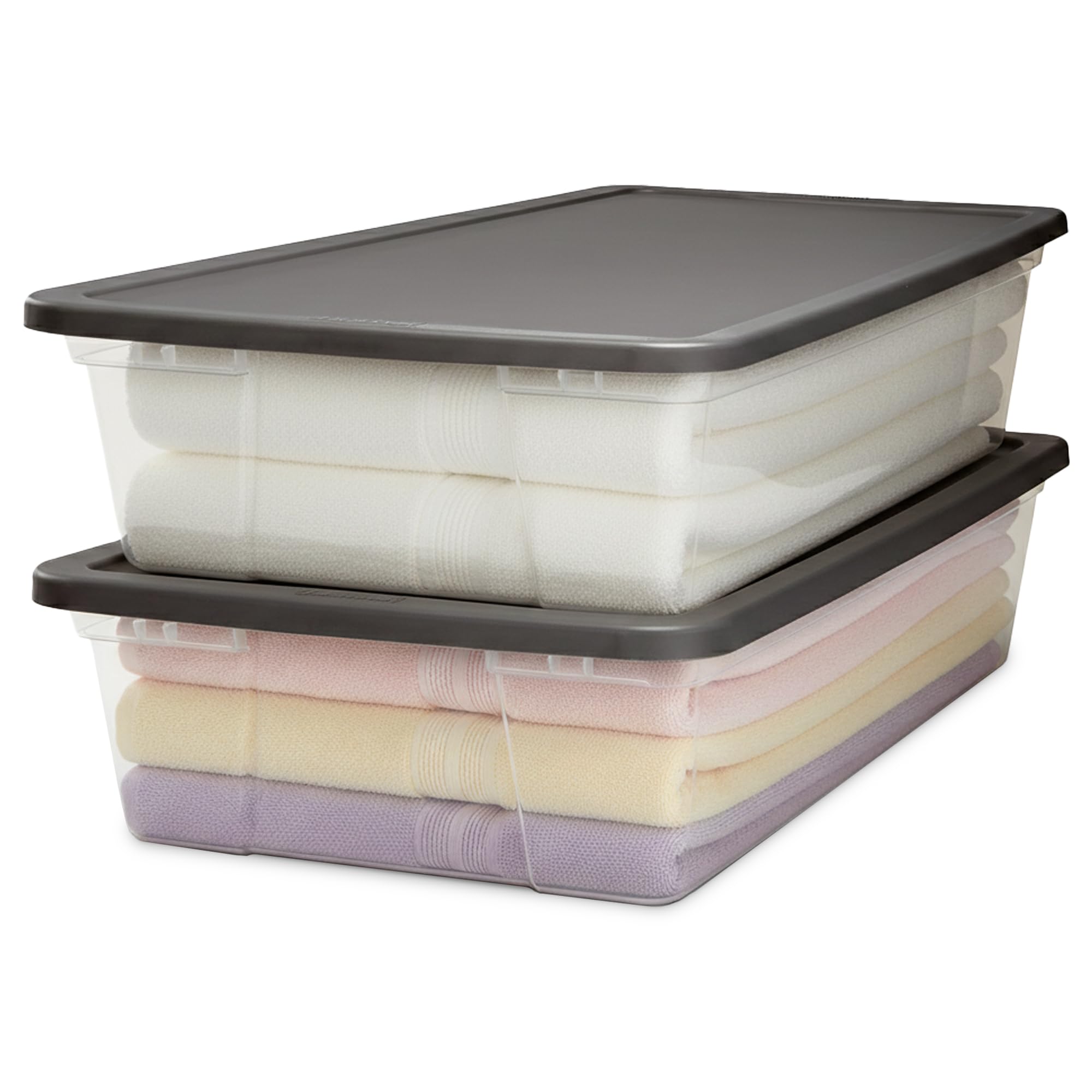 2-Pack Snaplock, Small Clear Plastic Storage Organizer Bins w/ Lids, 28 Quart, Gray - Stackable Container Boxes for Bedroom, Bathroom, Garage, and Office Organization