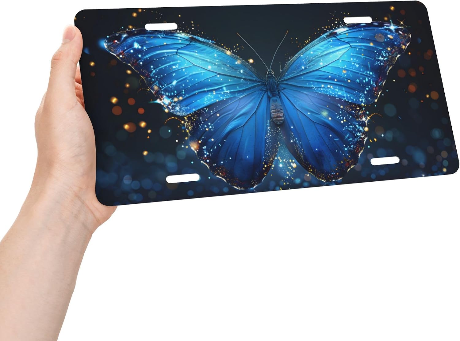 Glowing Blue Butterfly License Plate, Decorative Car Front License Plate, Aluminum Novelty License Plates Vanity Tag Metal Car Plate 6 x 12 in, Made in USA (4 Holes) for Men & Women