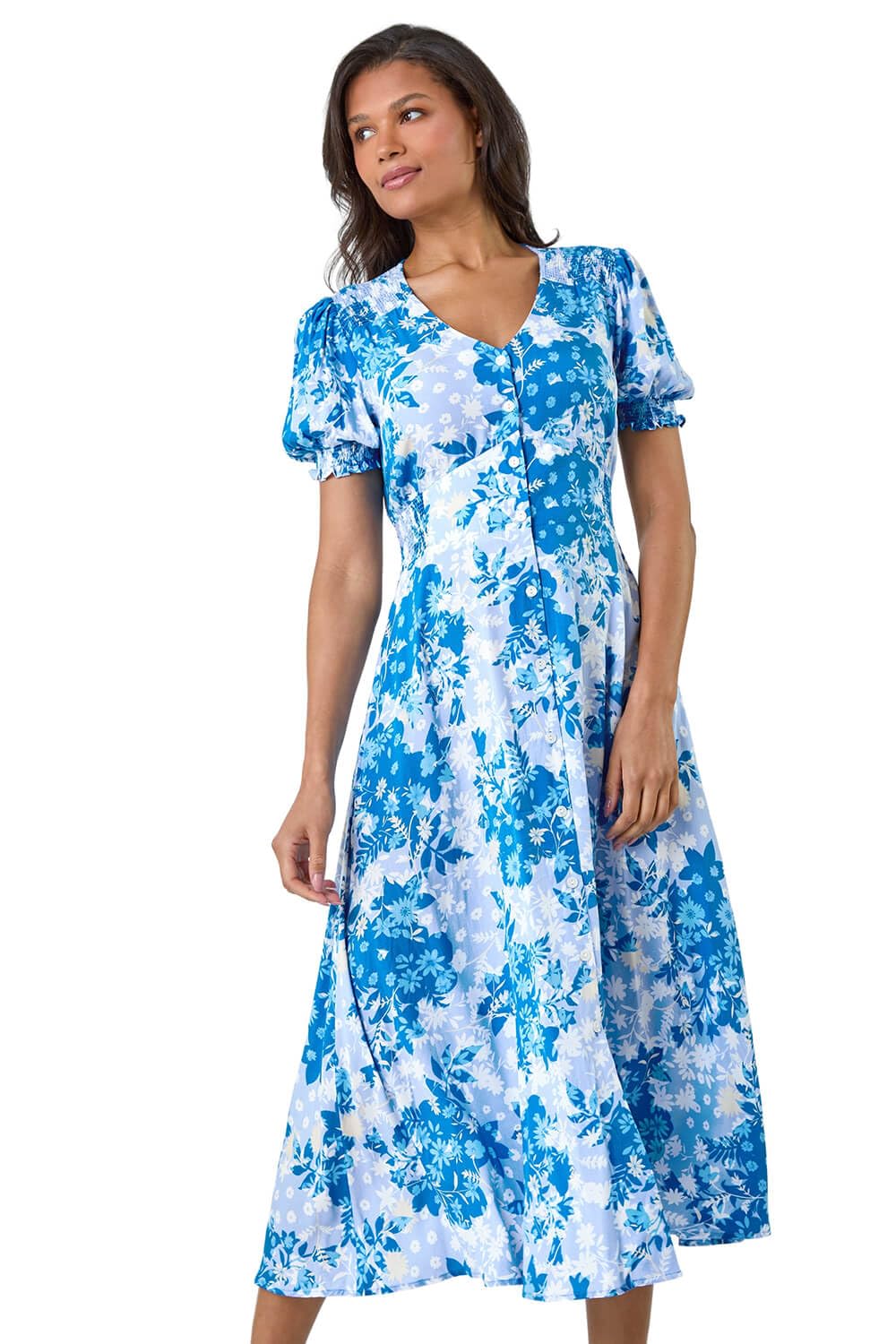 Roman Originals Women's Blue Ivory Button Through Dress - Summer Beach Ditsy Spot Midi Maxi Spring Everyday Evening Work Holiday Vacation Short Sleeve Smart Casual