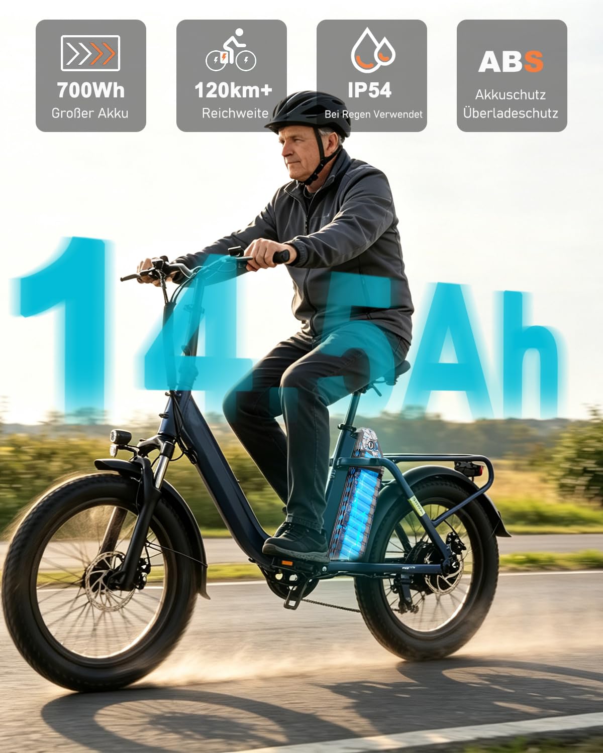 HANEVEAR H6-Light E Bike Klapprad, Elektrofahrräder mit Drehmomentsensor | 48V 14,5Ah Akku bis zu 120km+ | 55N.m 250W-Motor | 3.0'' Fat E-Bike, Off-Road Pedelec EBike Herren Damen
