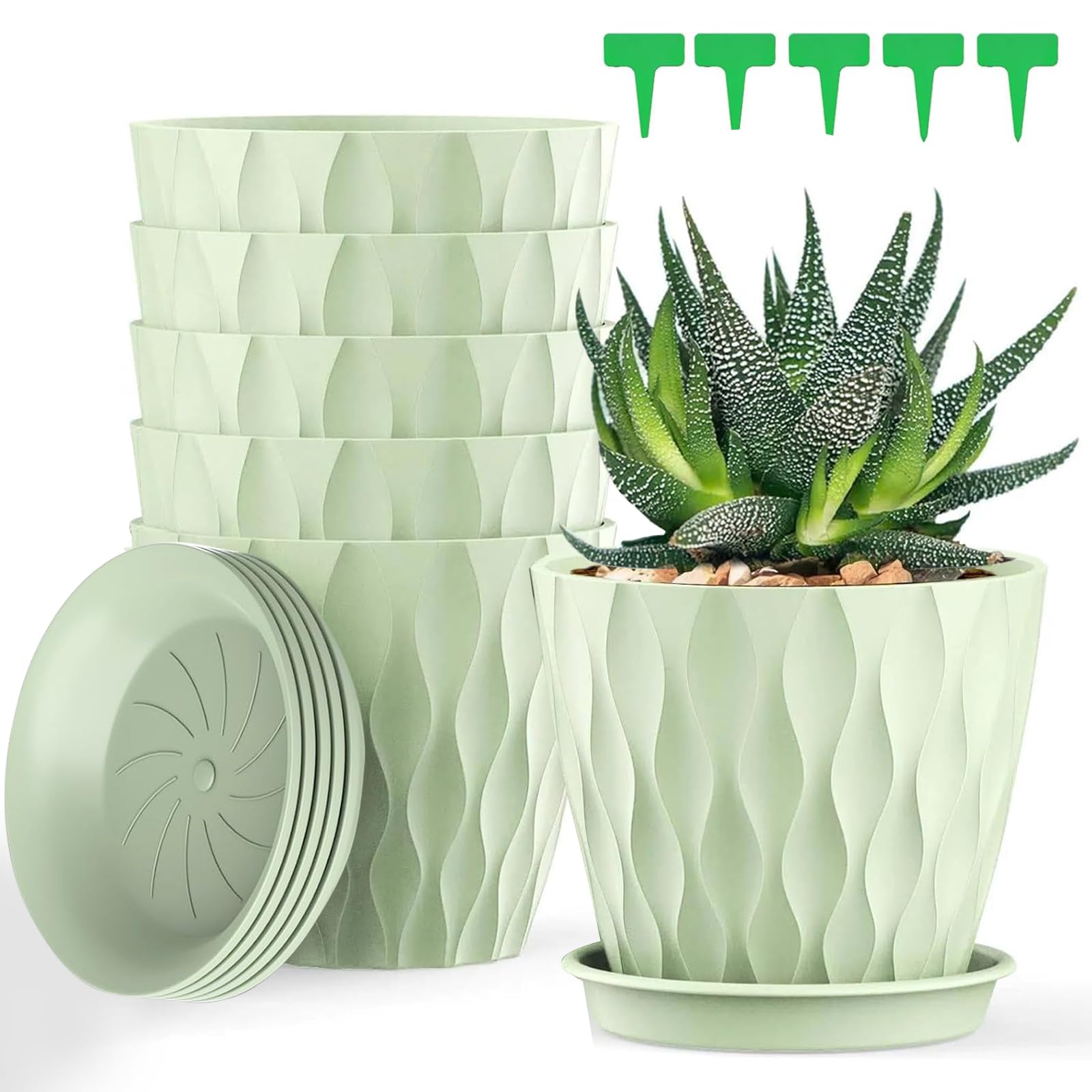 5 Piezas Macetero con Plato, 12.6CM Maceta Redonda de Plástico con 5 Etiquetas, Macetas con Platillo de Agujeros de Drenaje Maceteros Decorativos Interior para Balcón, Interior, Jardín (Negro, 5IN) — view 10