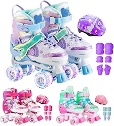 Patins 4 Rodas Infantil Ajustável Led + Kit Proteção