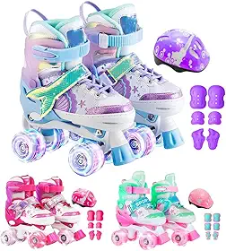 Patins 4 Rodas Infantil Ajustável Led + Kit Proteção