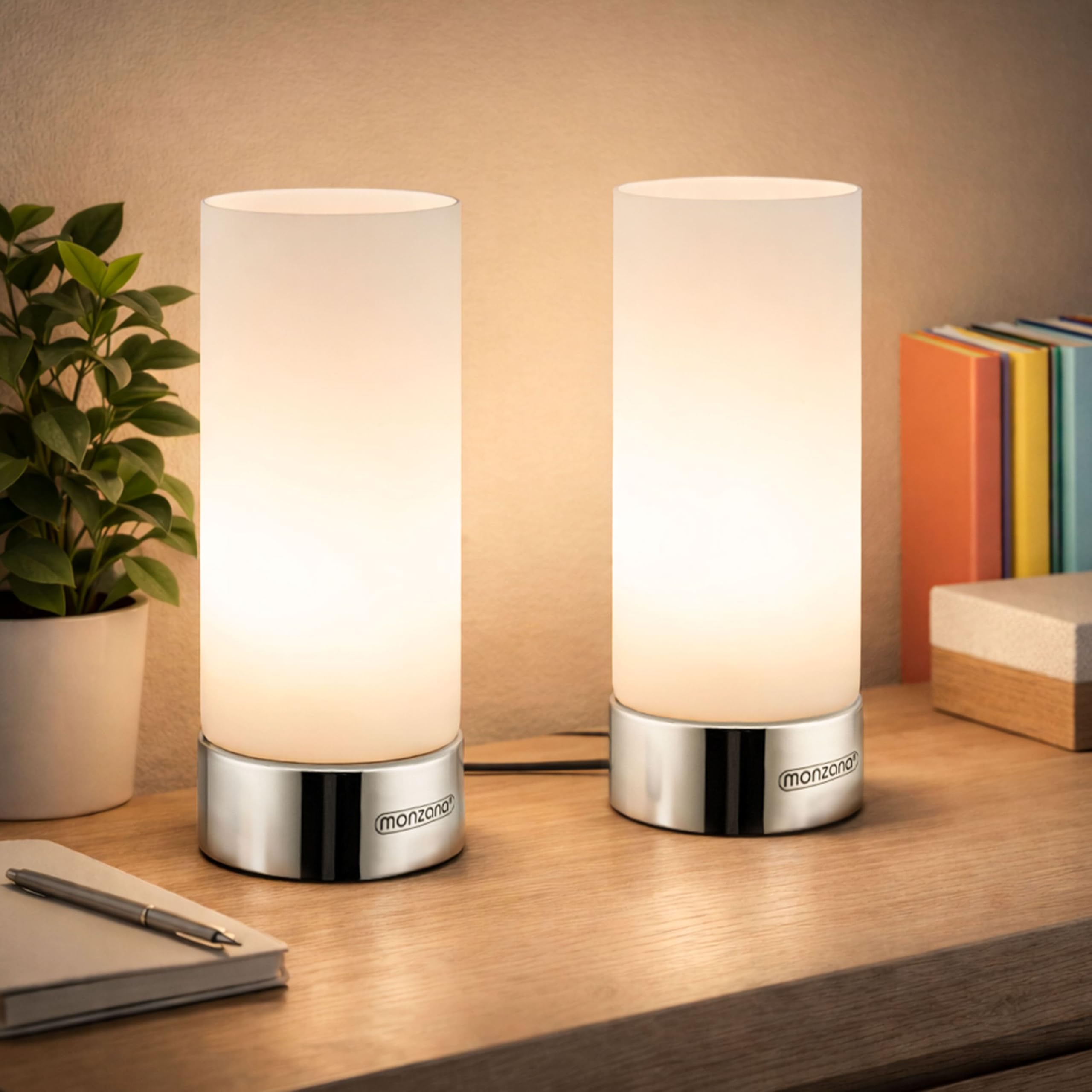 Monzana® Nachttischlampe 2er Set Touch Dimmbar mit LED Leuchtmittel Glasschirm Tischlampe Tischleuchte Wohnzimmer Schlafzimmer Nachtlicht Leselampe