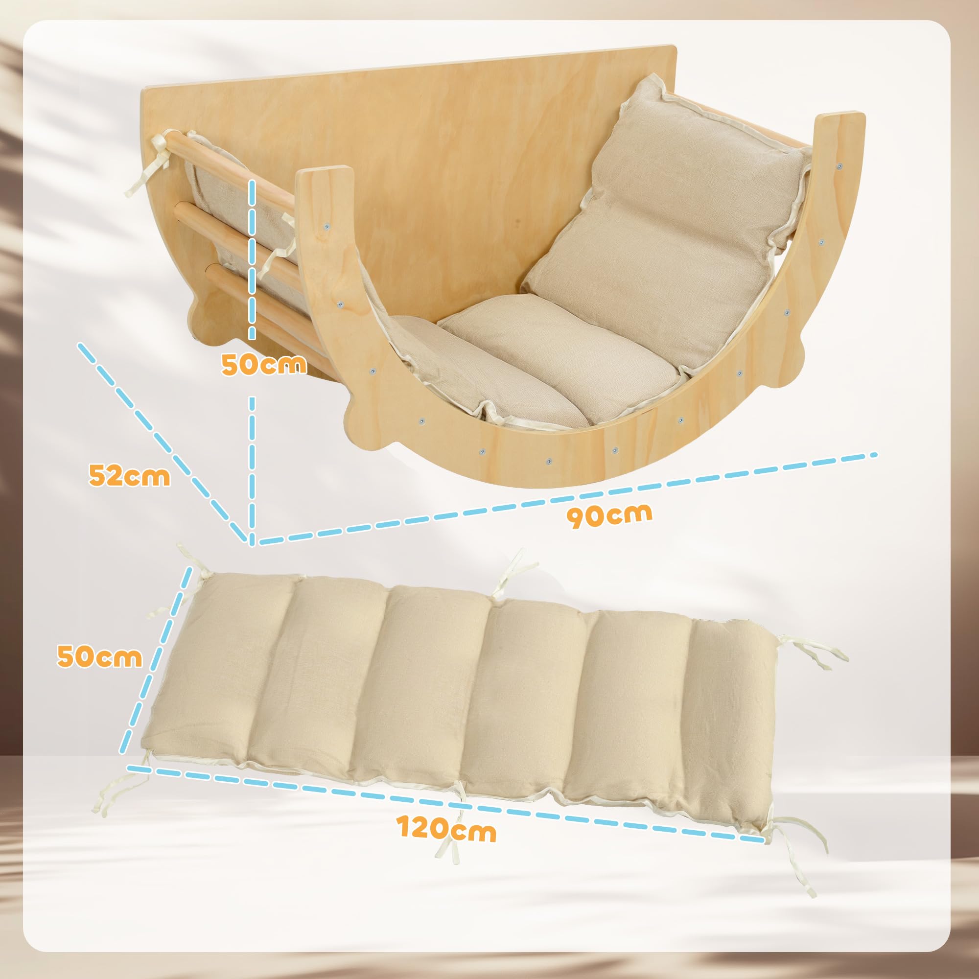 AIYAPLAY 3 en 1 Arche Escalade Enfants, Chaise à Bascule et Table de Jeu avec Coussin - Parcours motricité bébé en en Bois Massif pour garçons & Filles de 18 à 48 Mois, Bois Naturel