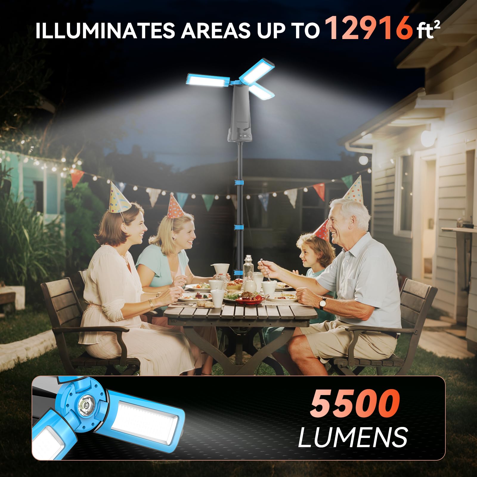 Luce di campeggio ricaricabile 15000mAh con il supporto, luce senza cordone del lavoro, blu | Lanterna da campeggio con 3 teste di lampada a LED, 5500 lumen, torcia di emergenza con treppiede staccabile da 218,4 cm