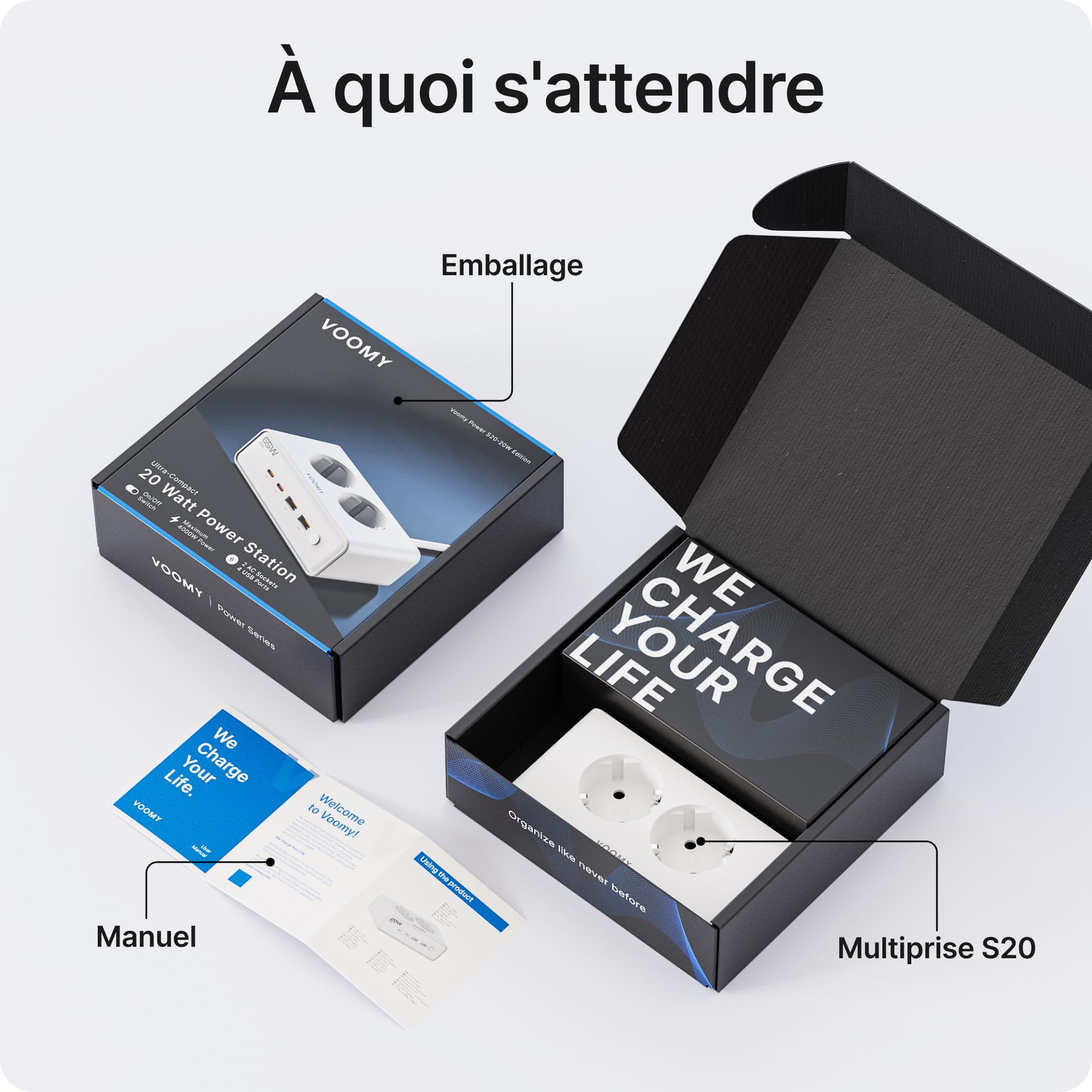 Voomy Multiprise avec Ports USB 65W, Protection Contre Les Surtensions, Les Surcharges et Les Courts-Circuits, Verrouillage de Sécurité, 2 Mètres (Blanc)