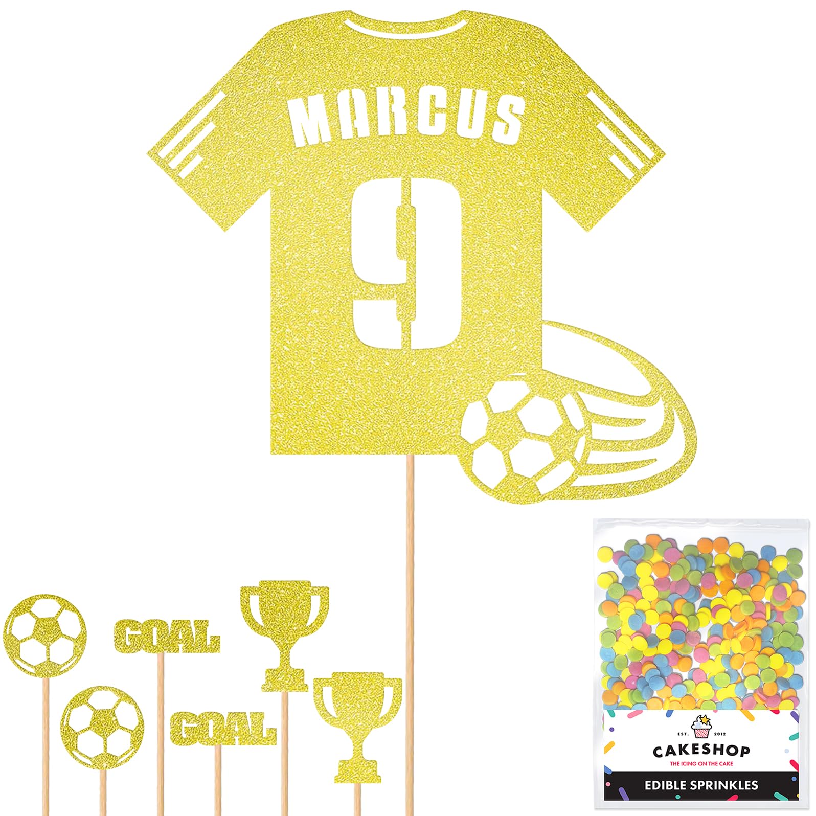 Personalised Birthday Football Kit Jersey Cake Topper- Champagne Any Name & Age Number Glitter Cake Decoration and Sprinkles - Happy Birthday Decorations - Personalised Toppers for Cakes by Cakeshop โ image 1