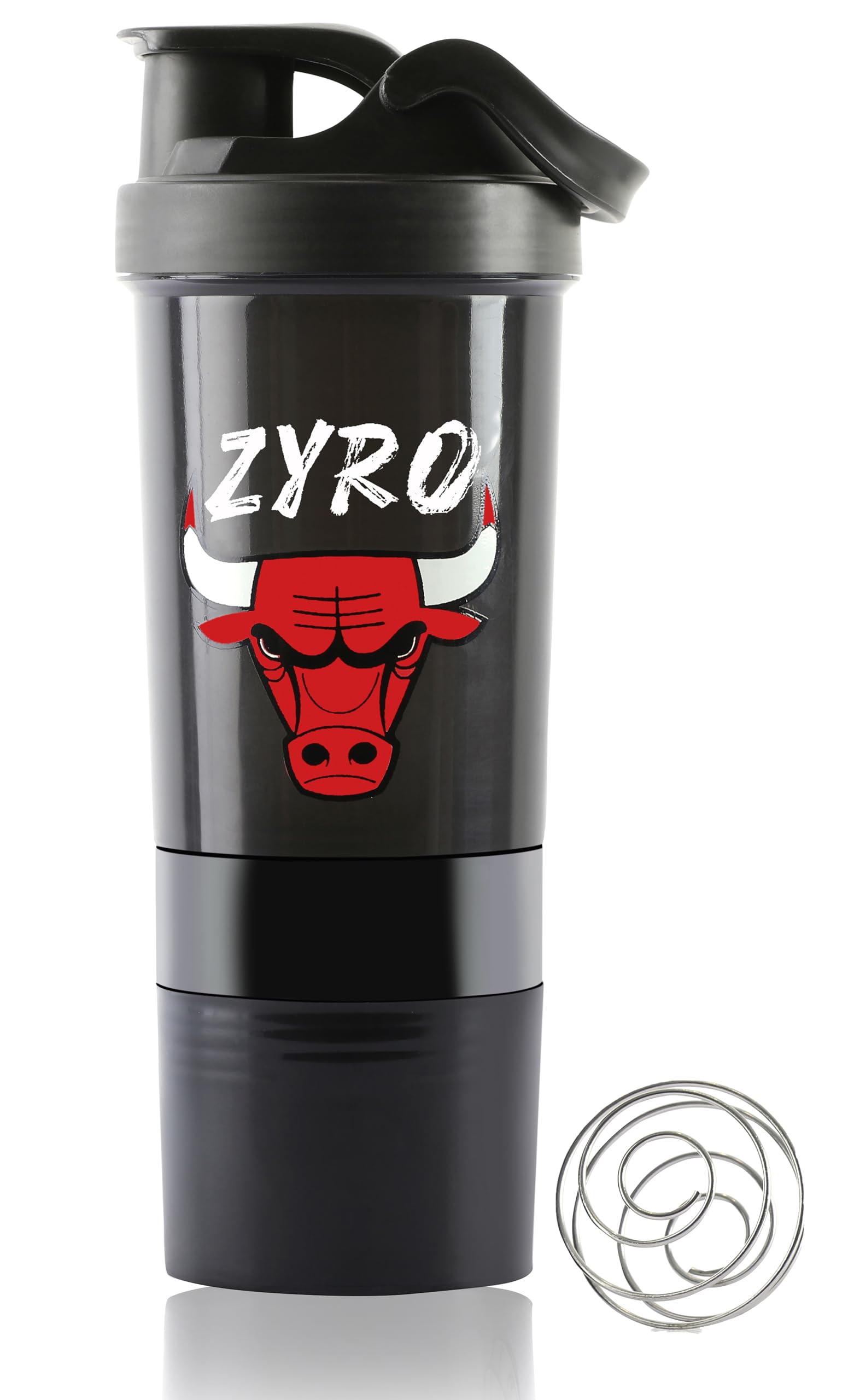 Zyro Bulls Gym Shaker Bottle with 2 Storage Compartments - Shaker for Protein Shakes and Gym Workouts, BCAAs & BPA Free, 500 ml Shaker bottle (Color-Black, Plastic, Pack of 1) (B0CR2YVHQ2) Amazon Price History, Amazon Price Tracker