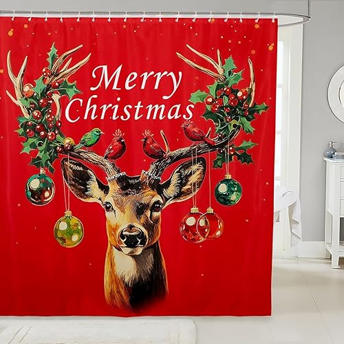 Miniatura 8 de Homewish Cortina de ducha con árboles de Navidad, juego de cortina de ducha para niños y adultos, cortina de baño dorada y negra, árboles de Navidad