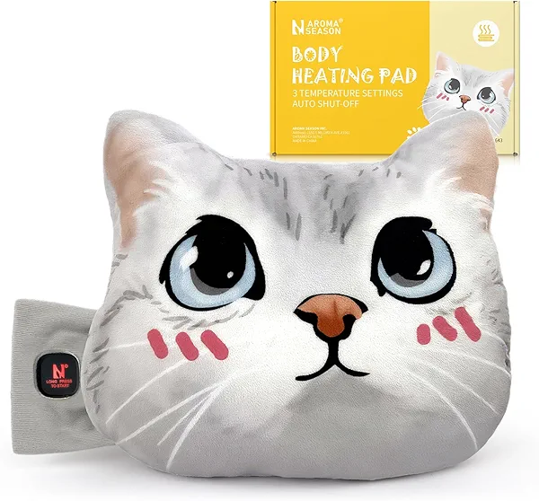 Aroma Season Heating Pad for Period Cramps, 3000mAh Cordless Cat Menstrual Heating Pad Stuffed Animal, Period Cramps Pain Relief with 3 Temperature Levels, Gift for Girlfriend Wife Daughter