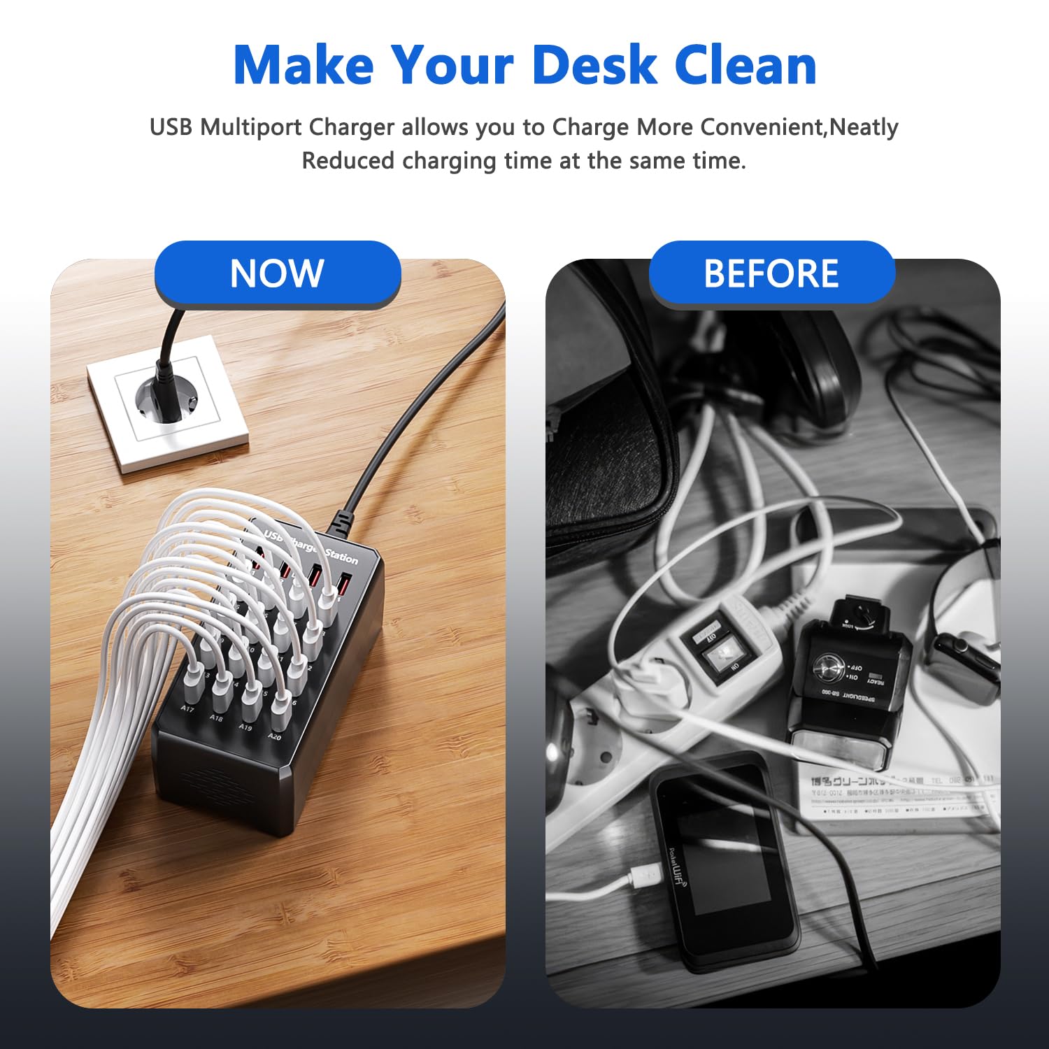 Wielokrotna ładowarka USB, 20-portowy zasilacz hub USB A do komputera stacjonarnego,wielokrotna ładowarka o mocy 100W, kompatybilna z iPhone 14/15/16/Samsung galaxy S23/S24/S25/Google Pixel/Tablety