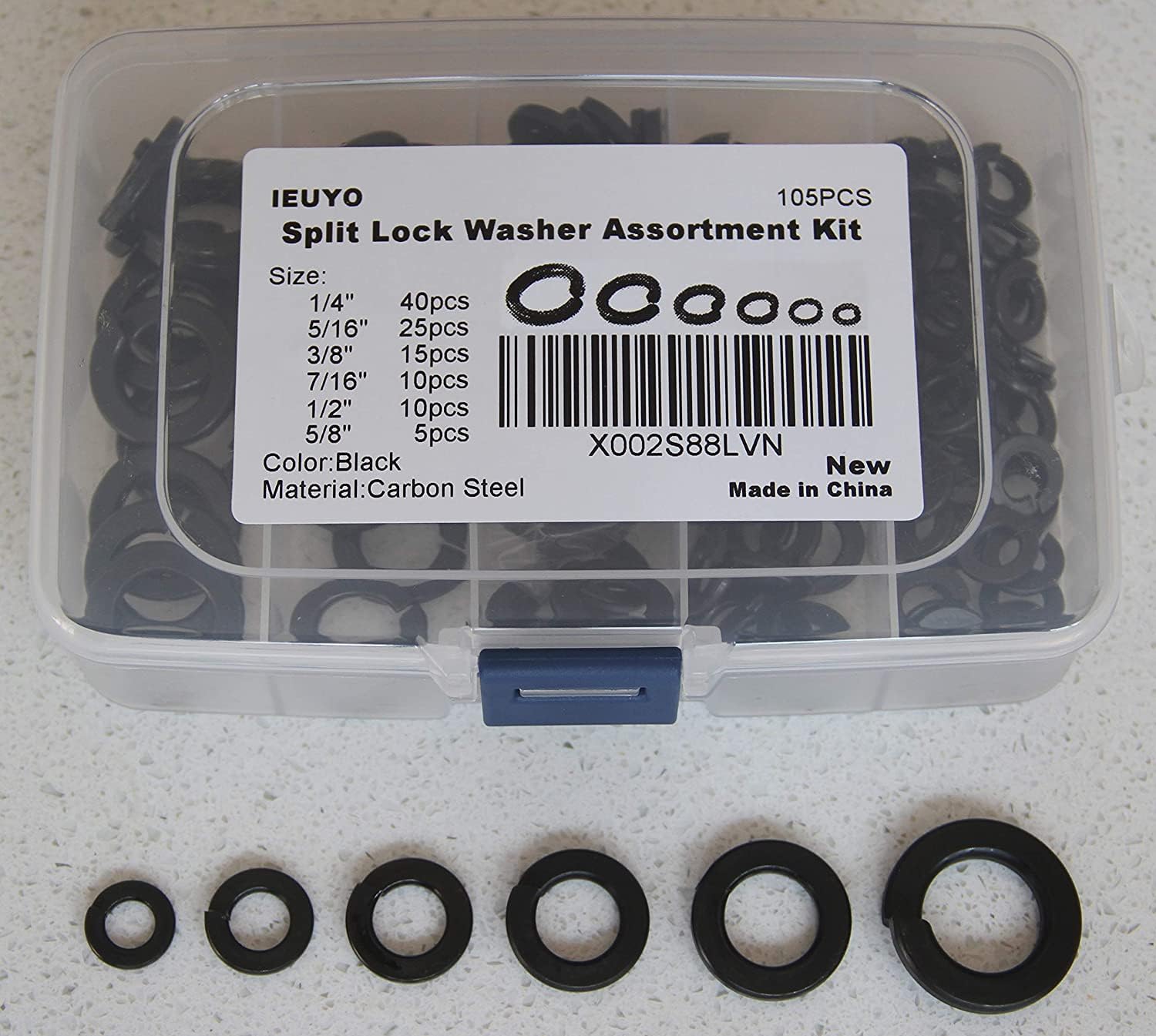 IEUYO Carbon Steel Split Lock Washer Kit, Spring Lock Washer Gasket Black Oxide Finish, 105Pcs 1/4" 5/16" 3/8" 1/2" 5/8"