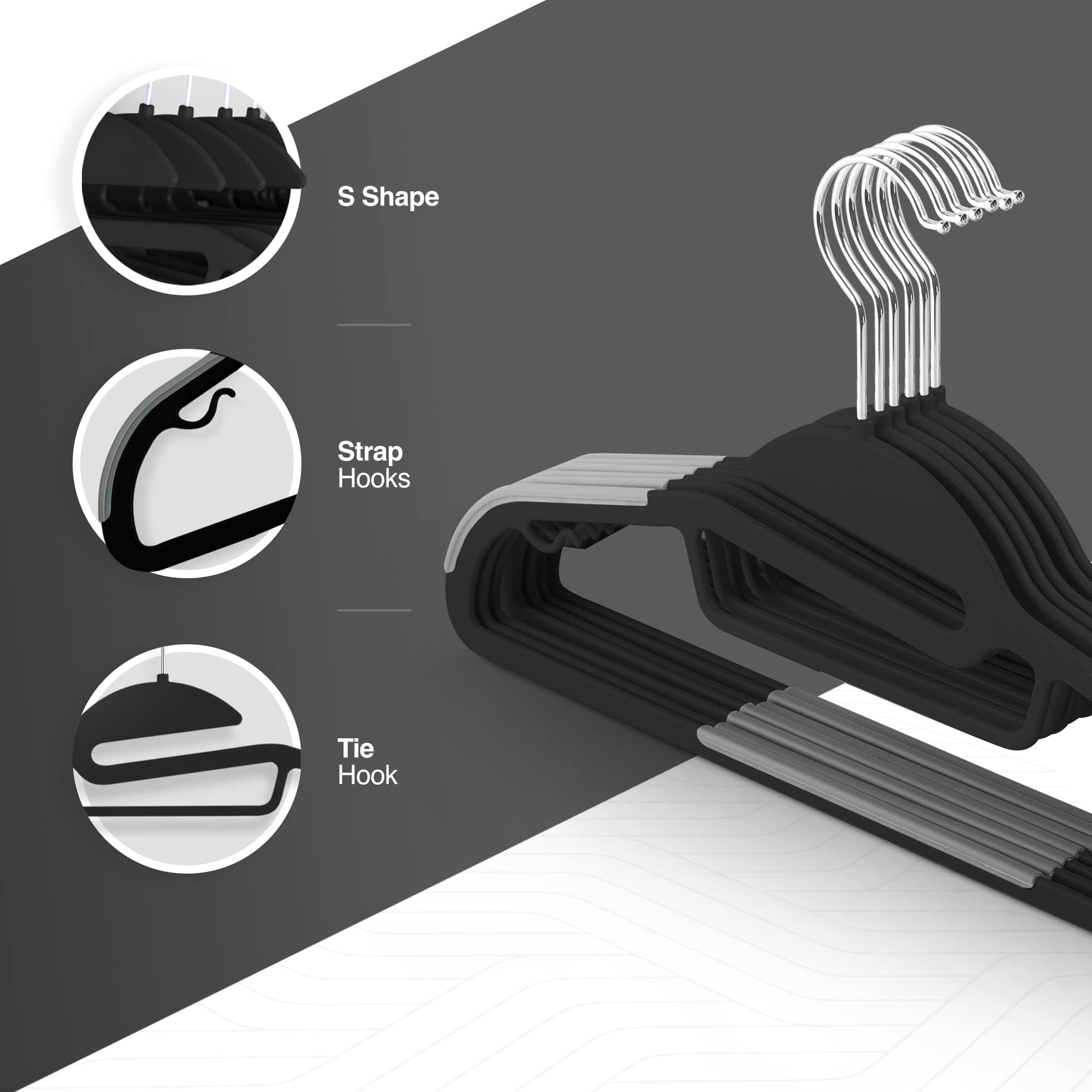 KEPLIN rutschfeste Kleiderbügel, langlebig, schlankes Design, platzsparend, mit 360°-Drehgelenk, Krawatten-Organizer, Gurthaken und S-förmiger Öffnung (41 x 22 cm) in Schwarz, 50 Stück