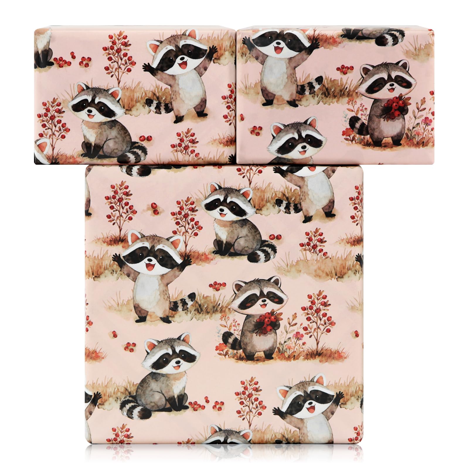 Forest Raccoon Picking Berries Wrapping Paper 4 Sheets, 50x70cm Per Sheet, Cute Raccoon Woodland Animal Design for Birthday, Rustic Wedding Holiday