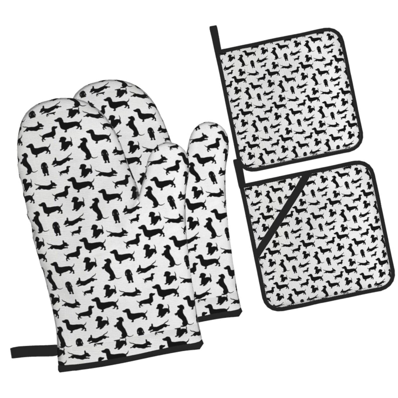 Dachshund Black Oven Mitts and Pot Holders Sets, Christmas Oven Mitt Kitchen Heat Resistant Non-Slip Pot Holders Set for Cooking Baking BBQ