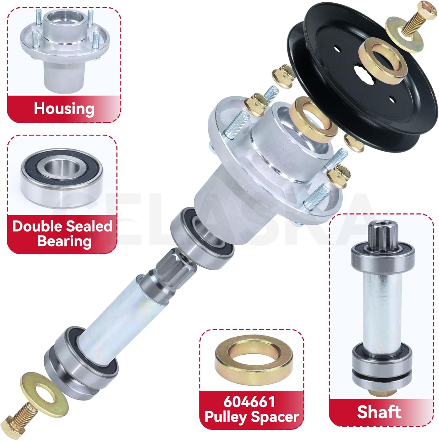 GELASKA 3 Pack 607418 Spindle Assembly with 604664 Pulley Replaces Hustler 601804 Spindle Assembly, Hustler 607418 Spindle for Hustler Raptor SD 54 Spindle Assembly, Hustler Raptor SD 54 inch Deck