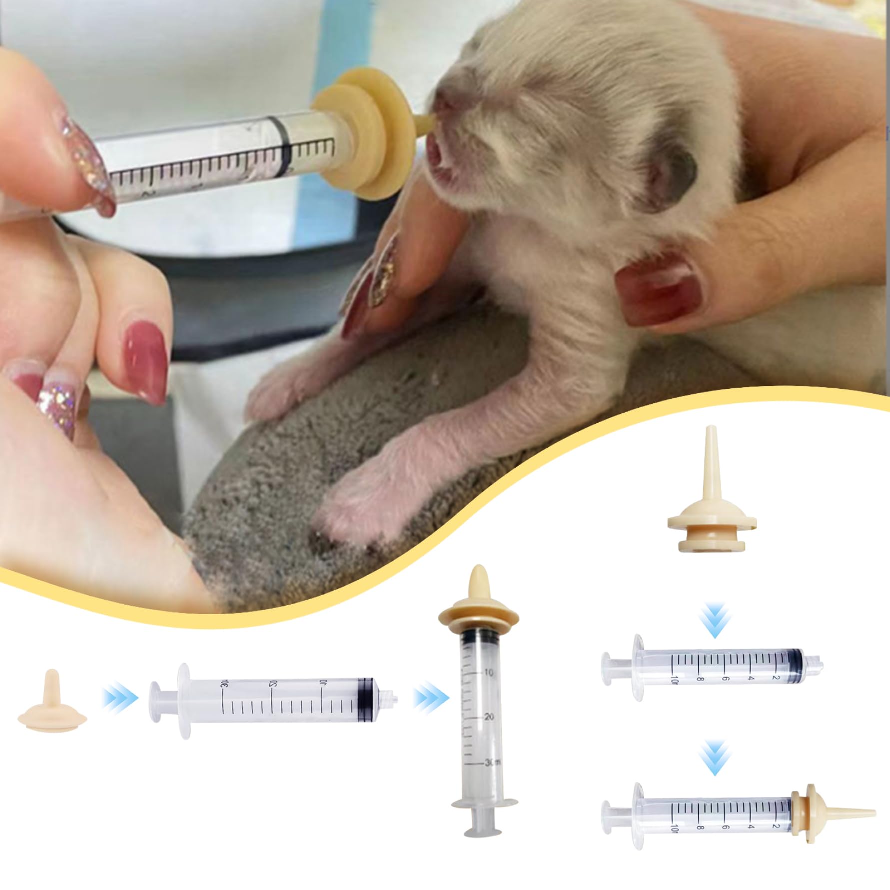 Tétine Miracle pour chatons seringue à tétine biberon pour chaton 2 pièces 10 ml + 30 ml seringue d'alimentation pour chats, tétine en silicone sûre pour chat, biberons anti-mastication pour chiots