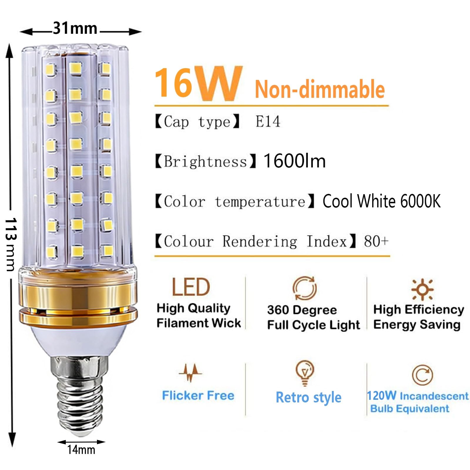 Lampadine LED E14 Bianco freddo 6000K 16W Equivalente 160W Senza sfarfallio Risparmio energetico (CRI>80) 1600LM Non dimmerabile for Soggiorno Camera da letto Cucina(6 Pack)