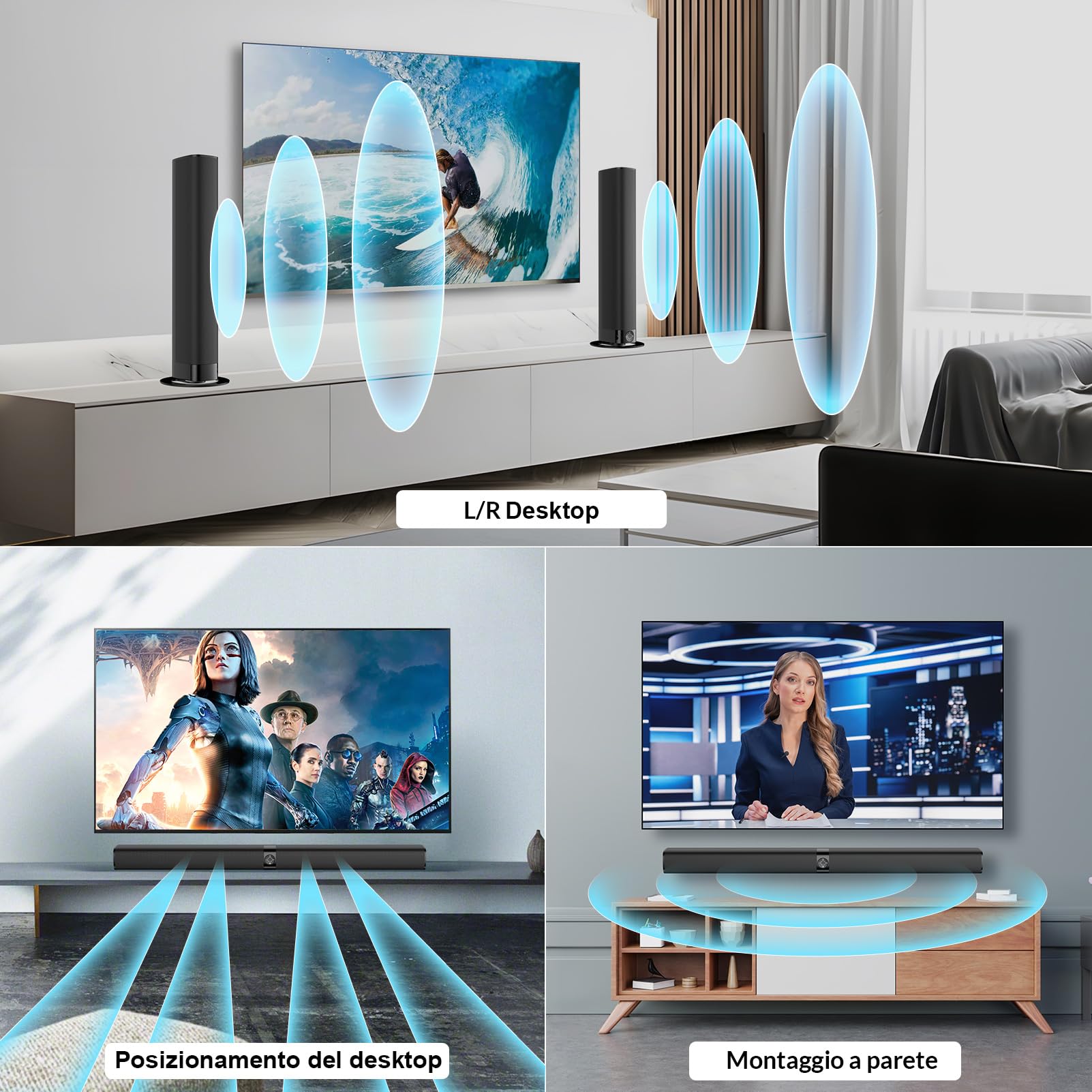 GarageRock Soundbar per televisori, soundbar TV 2 in 1 divisibile con regolazione automatica del volume, altoparlanti TV stereo con 3 modalità EQ, Bluetooth 5.3, ARC/Opt/AUX
