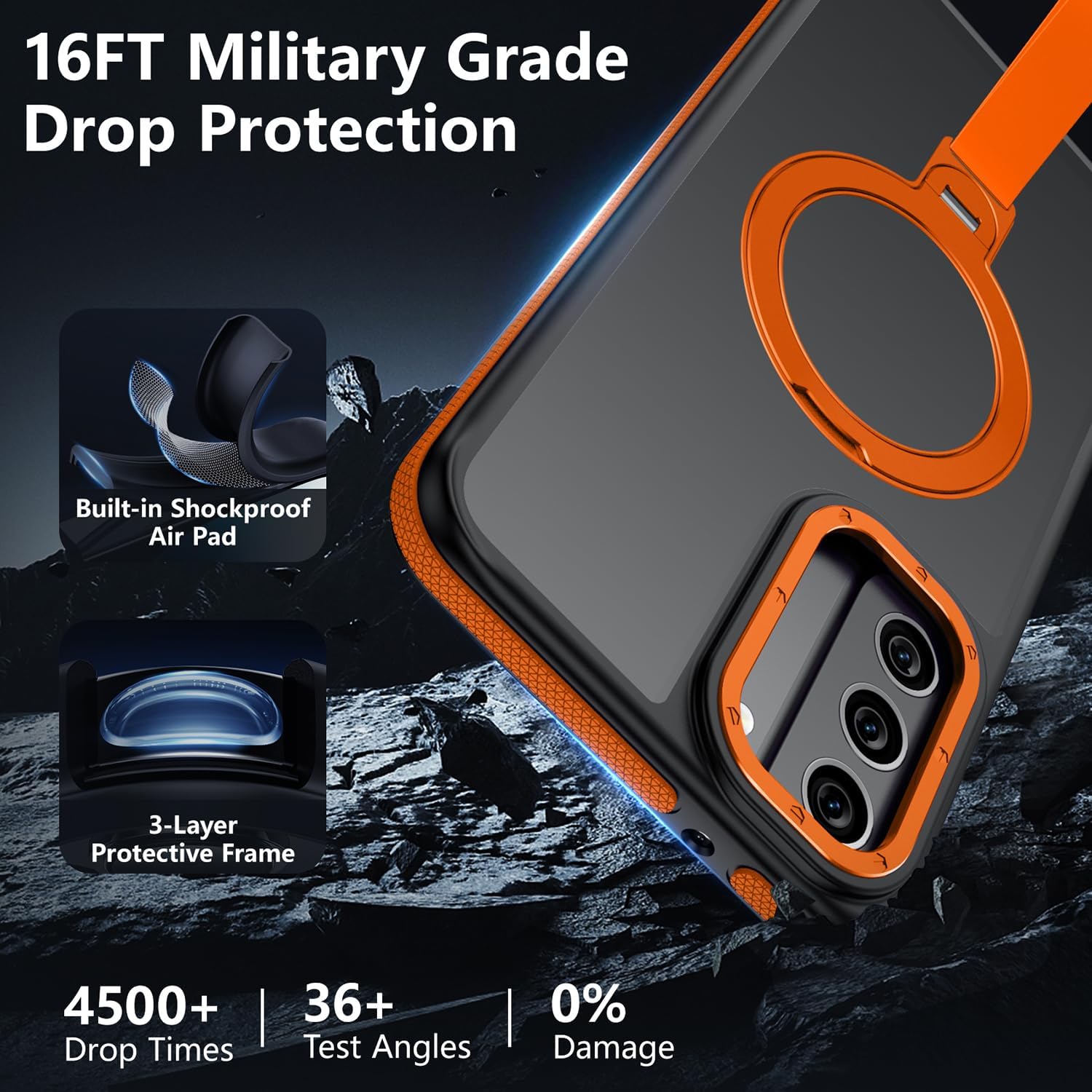 360°Spin Magnetic Stand with Silicone Strap for Samsung Galaxy S22 Case [Fit for MagSafe], Mil-Grade Shockproof Translucent Slim Phone Case with Kickstand&Ring Holder for S22 (Orange)