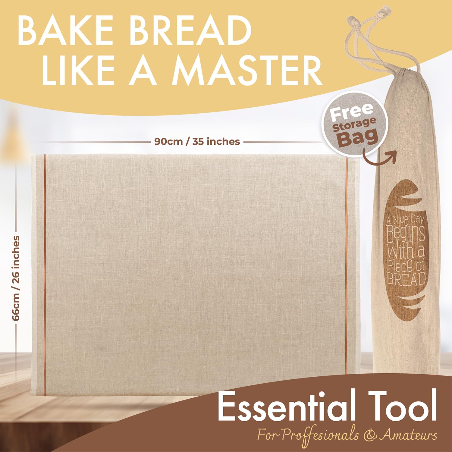 Professional Bakers Couche Extra Large 88,9 x 66 cm Premium Gärkörtuch, Baguette-Couche, Brotgärtuch für Teig, Baguettes, Brote – 100% natürliches Flachsleinen mit Bonus-Aufbewahrungstasche