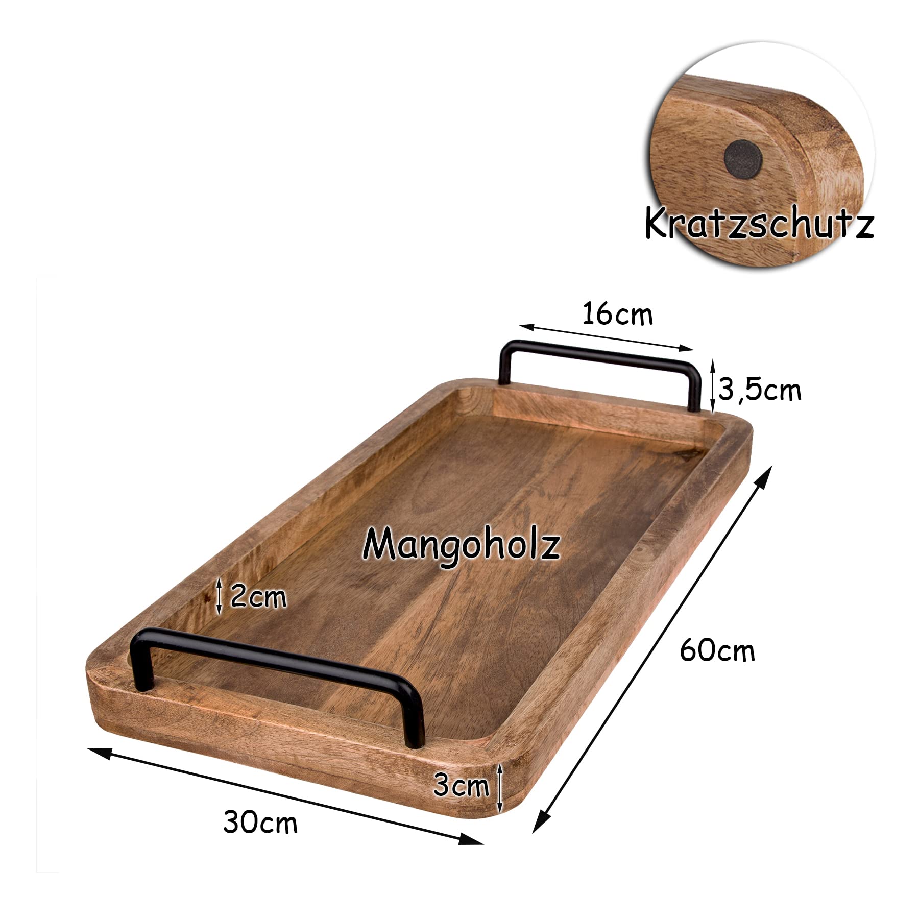BigDean Plateau de service en bois de manguier - 60 x 30 x 3 cm - Plateau en bois vintage - Unique - Plateau en bois avec poignées en métal - Plateau de cuisine rectangulaire