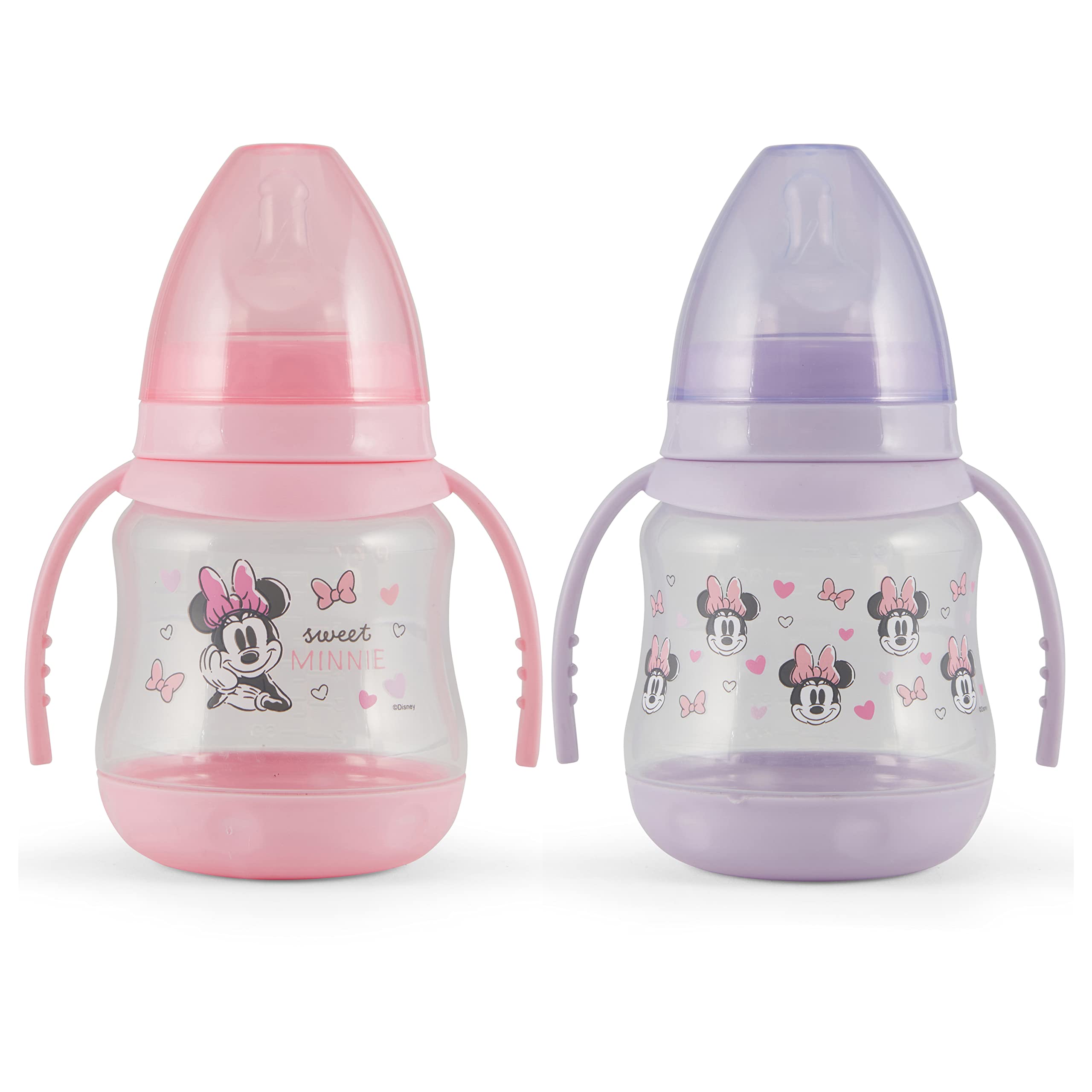 Disney 2 Pack 7 Ounce Baby Bottles with Character Prints and Colored Covers with Double Handle - BPA Free and Easy to Clean