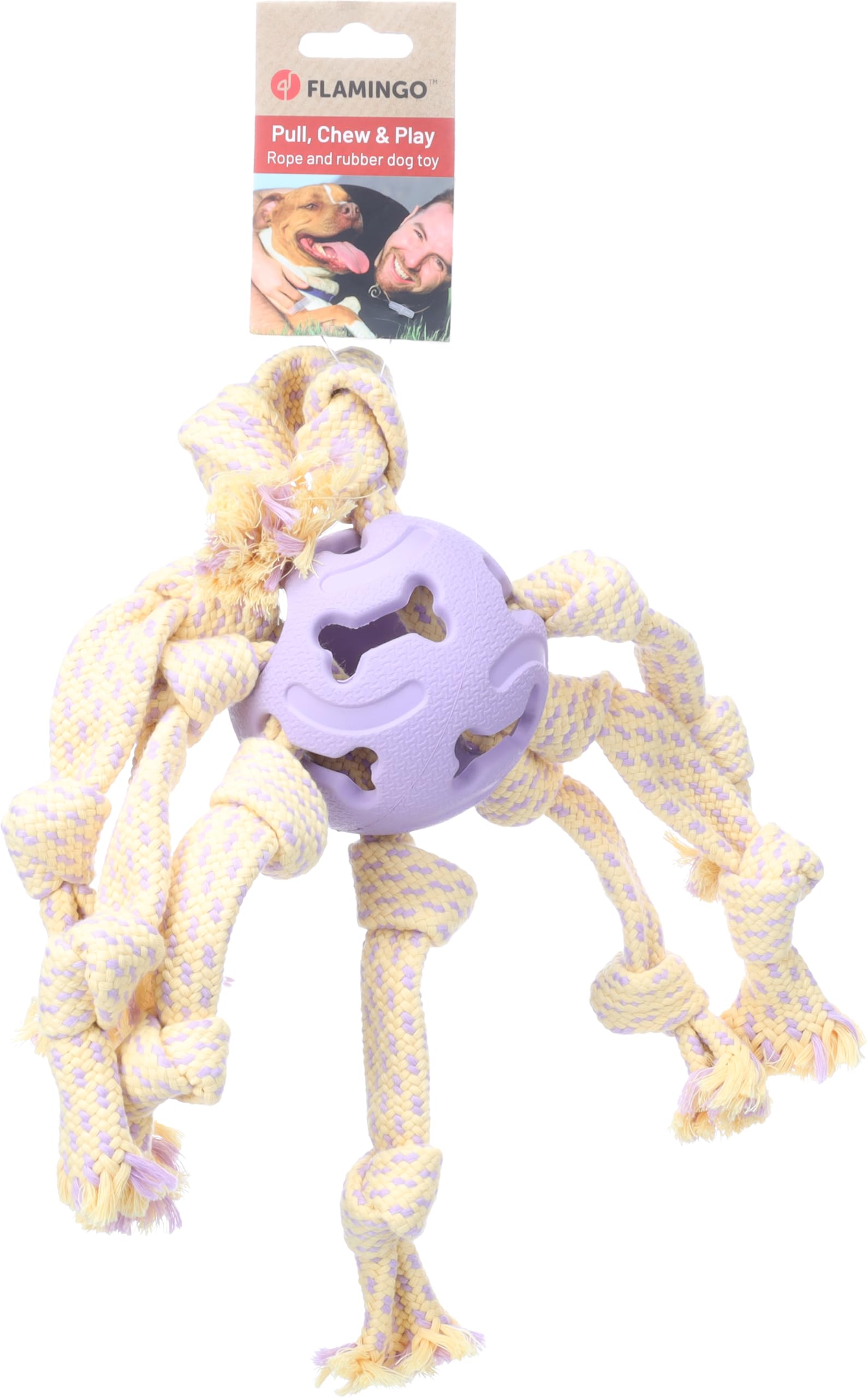 DT JOANIE OCTOPUS KNOTTED WITH RUBBER BALL PURPLE/YELLOW 38x38x10CM