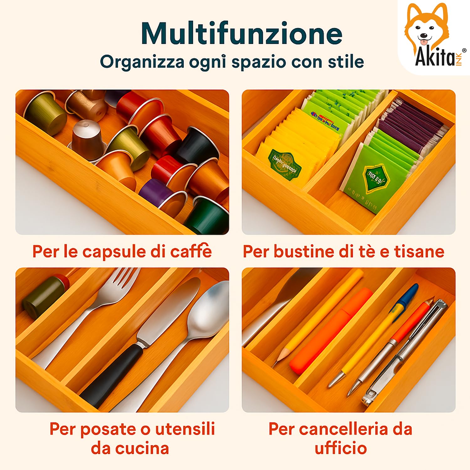 AKITAInk Porta Cialde in Bambù con Cassetto e Ripiano in Vetro - Organizer per Capsule, Cialde e Tisane - Porta Capsule Caffè, Bustine Tè e Zucchero - Perfetto per Angolo Caffè Casa e Ufficio