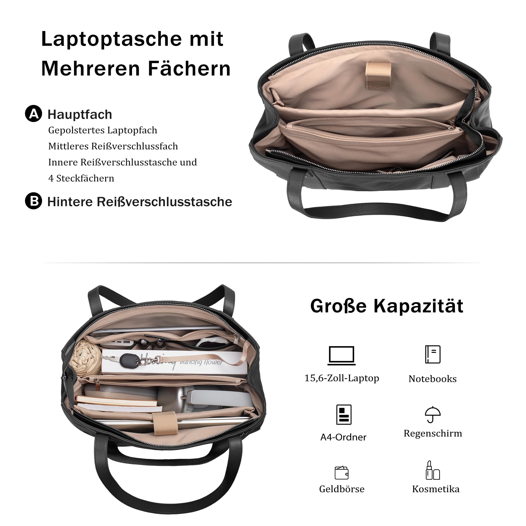 befen Echtleder Handtasche Damen Groß Shopper Tasche 15,6 Zoll Laptoptasche | Leder Tote Bag Aktentasche Lehrertasche mit Laptopfach, Mode Schultertasche für Business Büro Schule