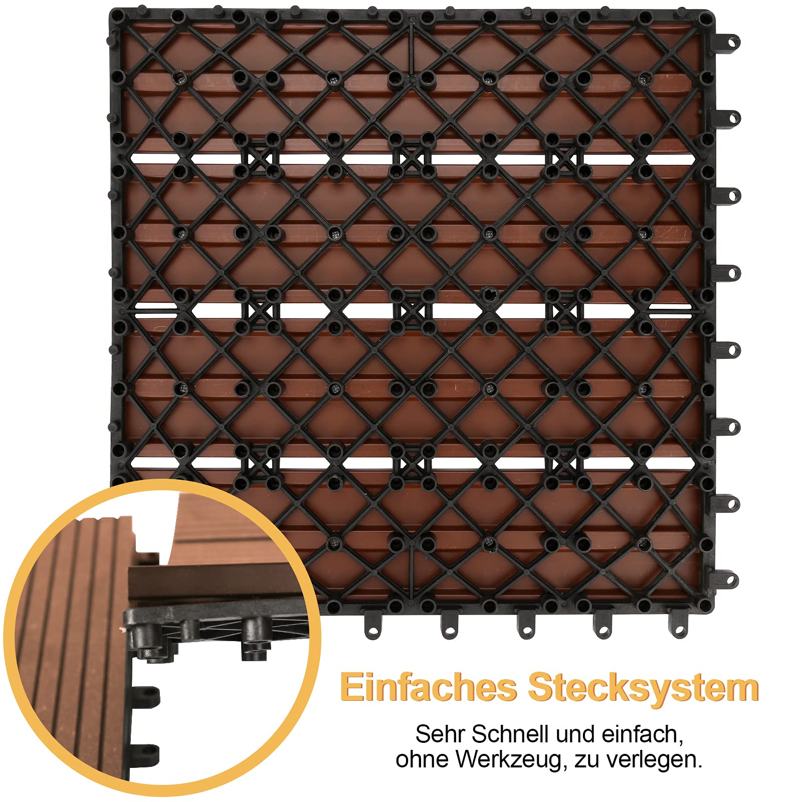 Piastrelle in WPC, 30 x 30 cm, set da 11 per 1 m², effetto legno, per giardino, balcone, pavimento con drenaggio e sistema a click, piastrelle in legno marrone