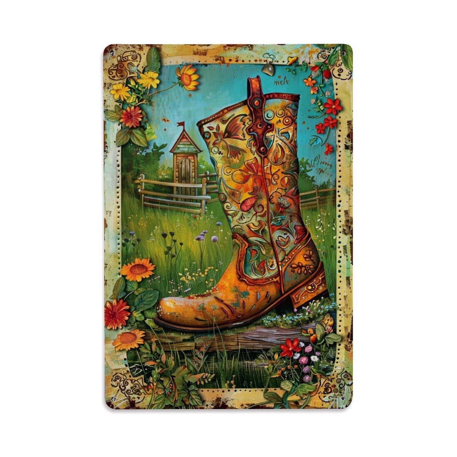 Jdfenggu Vintage Floral Pattern Cowboy Boot Art Retro Metal Tin Sign, Decor Art Poster For Bar, Home, Man Cave, Kitchen, Laundry Room Gift 8X12inch