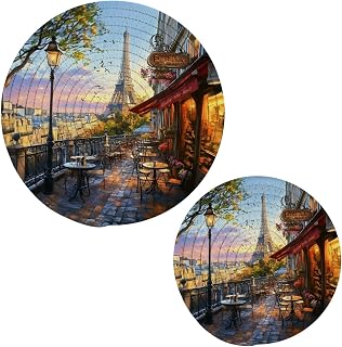 2 Pcs Woven Kitchen Potholders Trivets Set, Pairs Eiffel Tower View Balcony Cafe Round Hot Mats Coasters Placemats for Cooking Baking Hot Dish Pan Pot Bowl Teapot(7&9 Inches)
