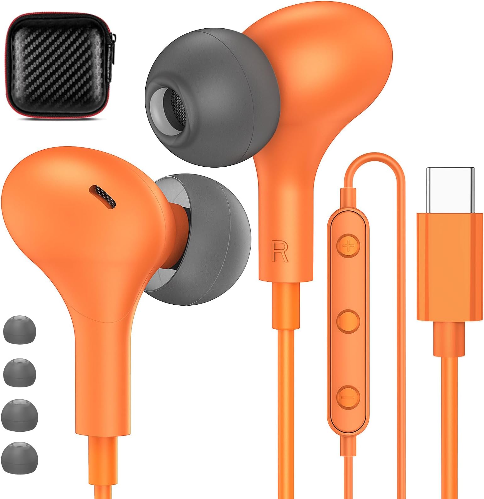 USB C Headphones for iPhone 17 16 15 Pro Galaxy S25 Wired Earbuds with Microphone for Samsung S24 S23 S22 S21 S20 FE Ultra, Magnetic Noise Canceling in-Ear Type C Earpone for iPad 10 Pixel 9 8, Orange