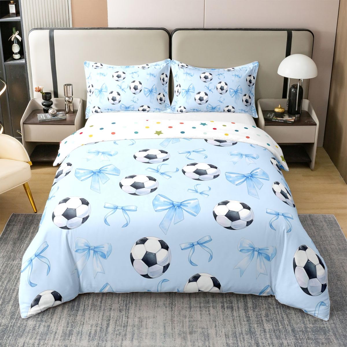 Homewish Gra w piłkę nożną pojedyncza poszewka na kołdrę z 1 poszewką na poduszkę - bawełna miłośnik piłki sportowej zestaw pościeli niebieska wstążka kokardka poszewka na kołdrę zestawy łóżek