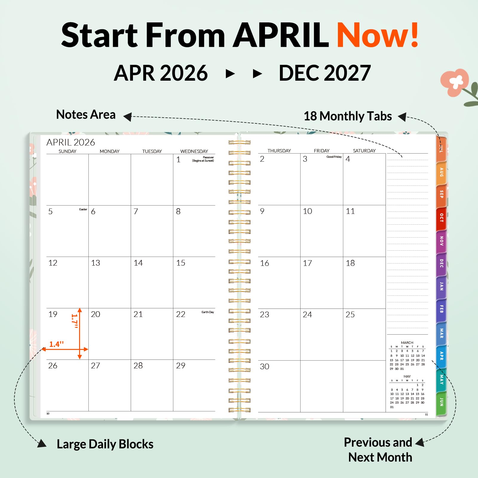 SUNEE Agenda mensual 2026-2027, calendario de 18 meses de julio de 2026 a diciembre de 2027, planificador anual de 7 x 10 pulgadas con pestañas, encuadernación en espiral, organizador para escuela