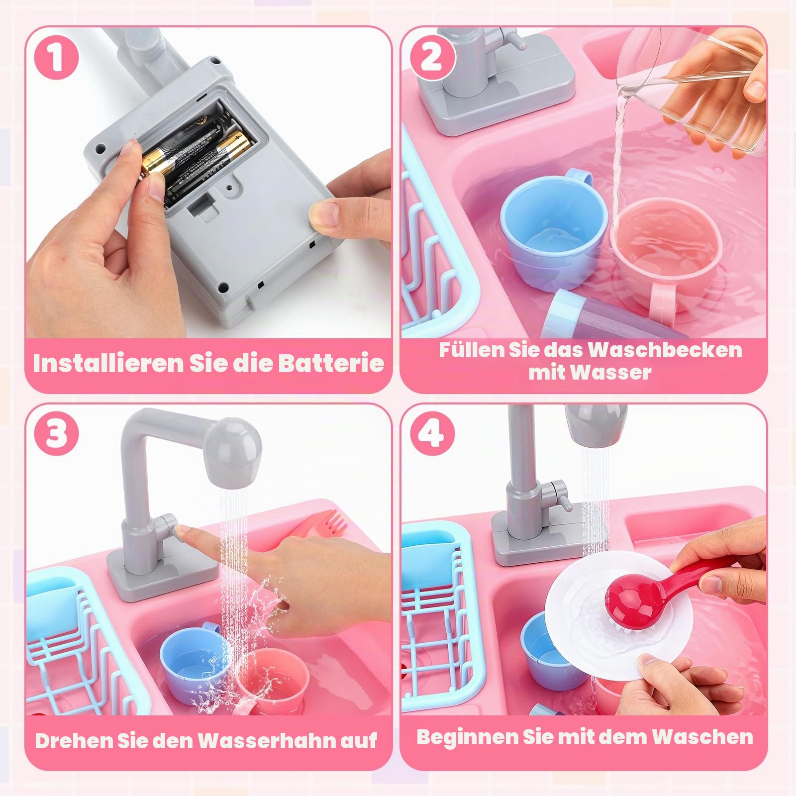 deAO Kinderspielset Pretend Kitchen Sink mit simuliertem Wasserhahn und enthaltenem Küchenzubehör - Rot