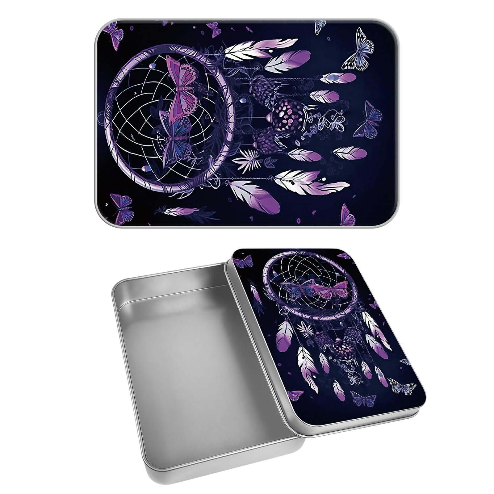 Rectangular Metal Tin Box with Removable Lid, Purple Dream Decorative Printed Metal Storage Container for Cash Ticket Credit Card Check 3.46 x 2.36 x 0.7 inch– Single Pack