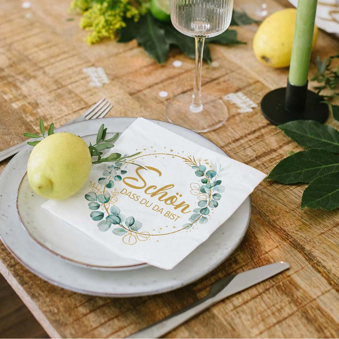 Sprinlot Lot De 40 Serviettes « Schön Dass Du Da Bist » Pour Mariage, Anniversaire, Eucalyptus, Vert Sauge, Eucalyptus, Décoration De Table